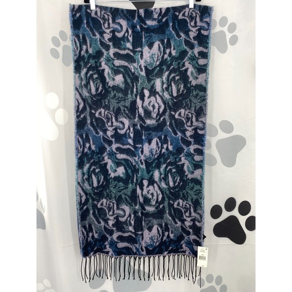 Steve Madden NWT Rose Jacquard Scarf Tassels Fringe Raw Edge Blue Multi OS New - Picture 2 of 8